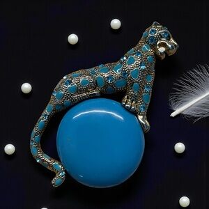 Vintage 1980 Blue and Silver Leopard Brooch